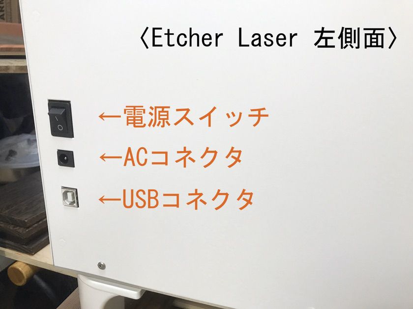Etcher Laserの電源スイッチ、ACコネクタ、USBコネクタ